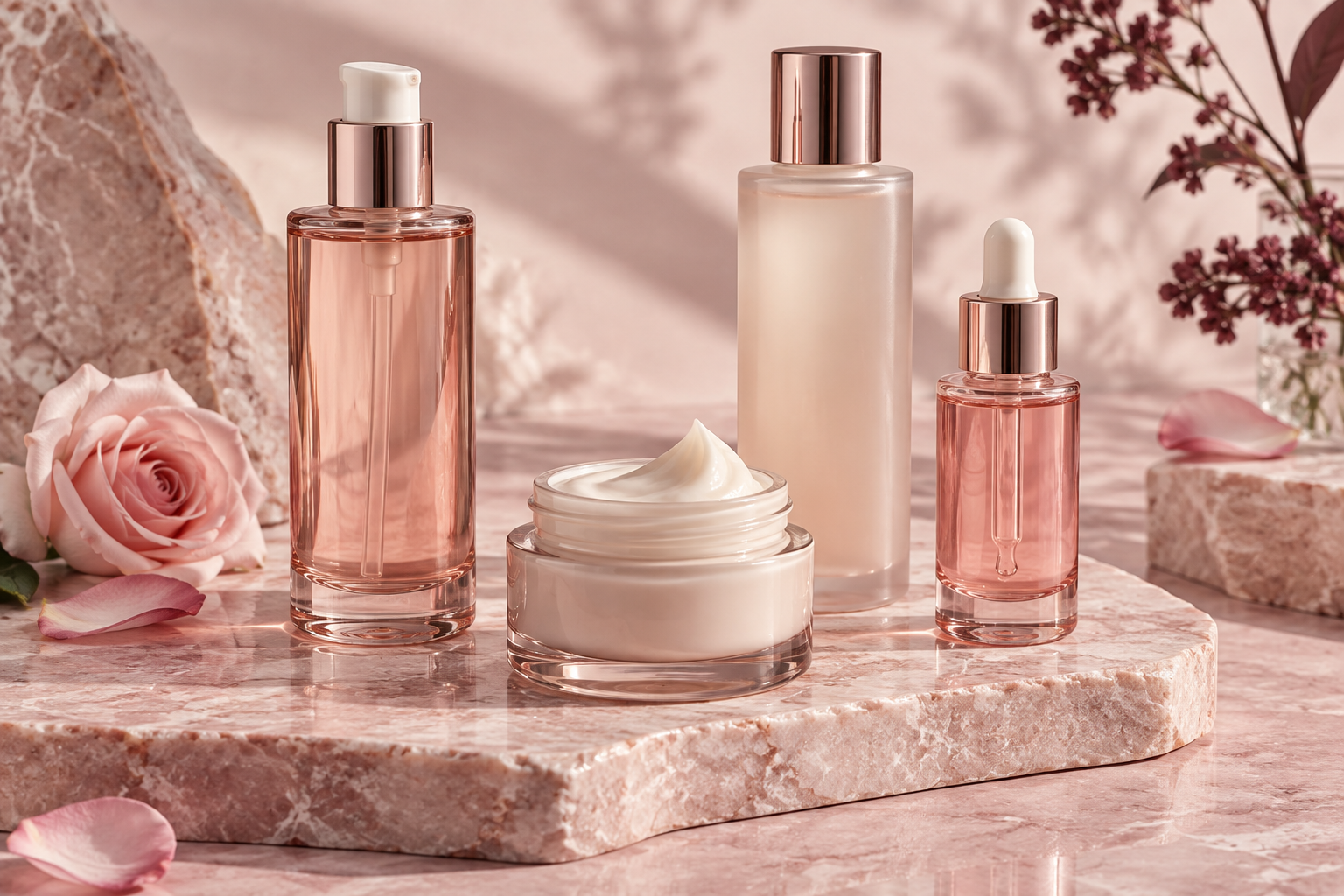 Rose-toned skincare bottles and a cream jar on a softly lit pink stone surface